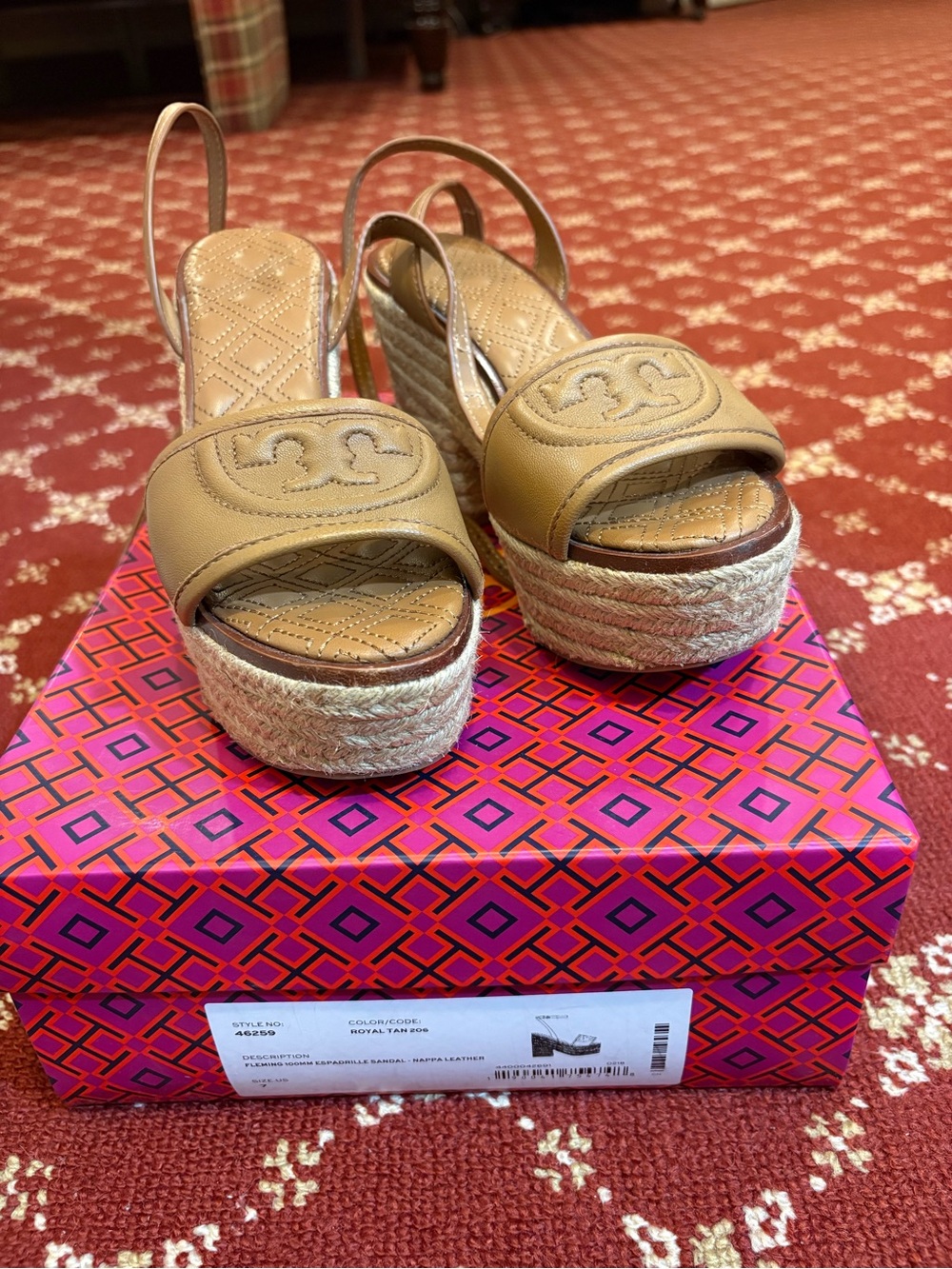Tory Burch Tan Leather Platform Espadrille Slingback Sandals